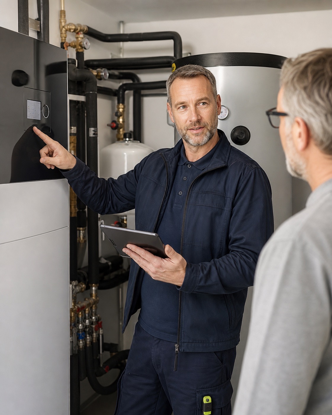 Servicediagnose an einer Wärmepumpenanlage mit Kundengespräch